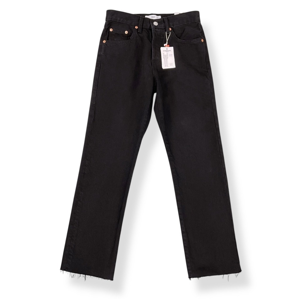 MNG Mango JeansHavana High Waisted Straight Leg Black Frayed Hem Womens 2 NEW